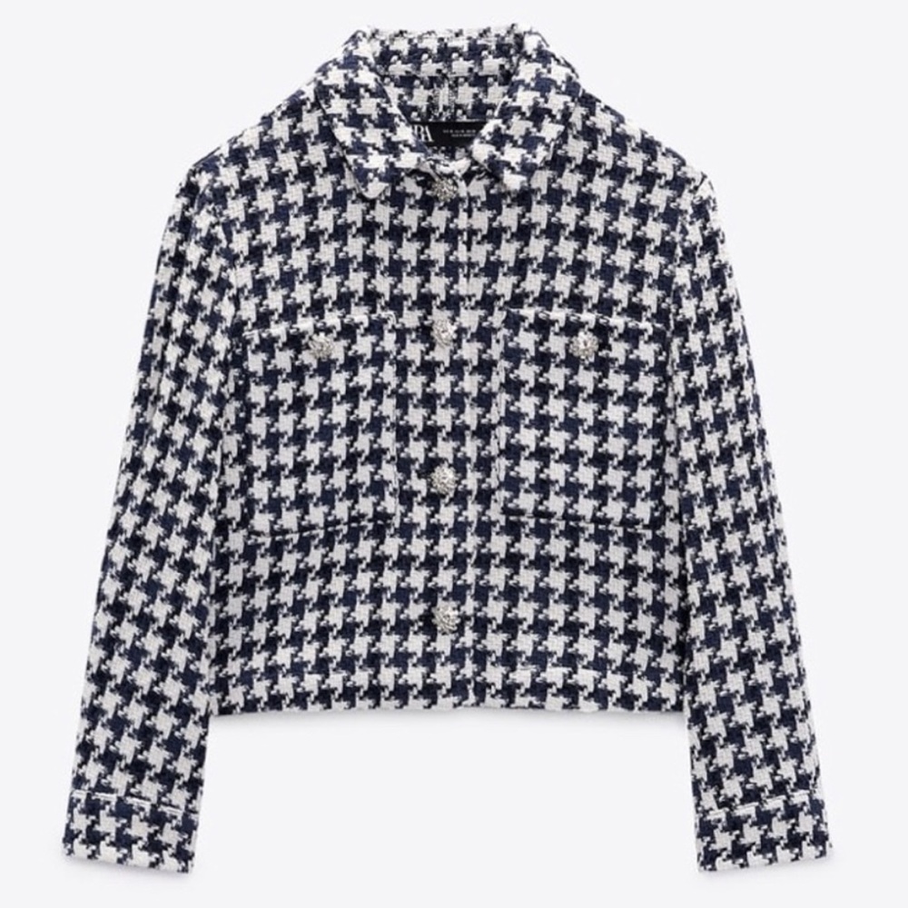 ZARA houndstooth white/ blue cropped jewel button jacket blazer NWT